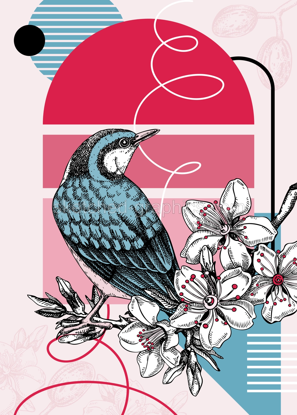 Collage style nuthatch vector illustration. Hand drawn bird on blooming almond branch with flowers, nuts and leaves. Trendy design with botanical, geometric shapes, and abstract elements. Illustration